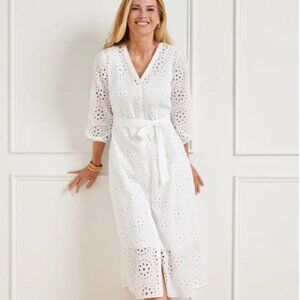Talbots White Eyelet Medallion Shirtdress Tie-Waist Midi Sundress Summer Sz 16WP